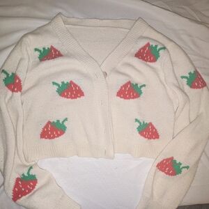 Strawberry Patterned White Cardigan Sweater